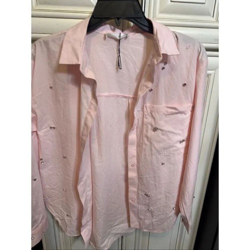Zara Girls Rhinestone Embellished Long Sleeve Button-up Shirt Pink Size 11-12